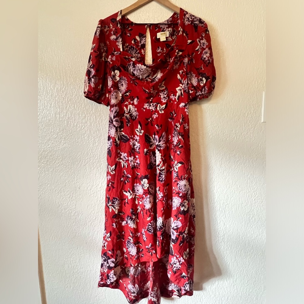 Maeve by Anthropologie Red Floral Puff Sleeve Hi Lo Dress Size 10 - Picture 3 of 9